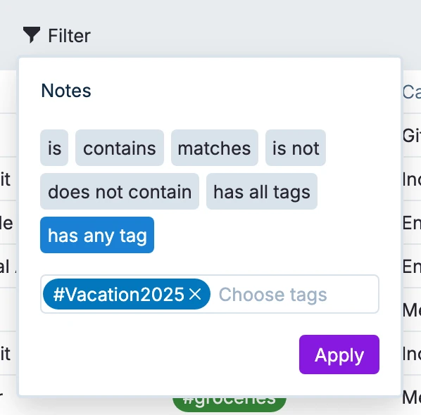 A Notes filter using has any tag with #Vacation2025 chosen